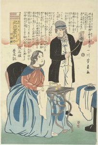 Amerikanen met horloge en naaimachine door Utagawa Yoshikazu