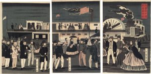 Aankomst en vertrek van een Amerikaanse stoomboot (Amerikakoku jokisha orai) door Utagawa Yoshikazu