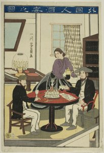 Buitenlanders die wijn drinken (Gaikokujin shuen no zu) door Utagawa Yoshikazu