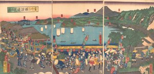 Een verre blik op Yokohama vanuit Kanagawa door Utagawa Yoshitora