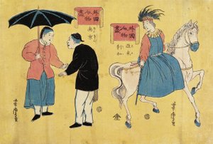 Amerikaan (rechts), Chinese Mannen (links) door Utagawa Yoshitora