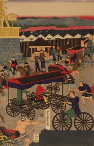 Bloeiend Nihonbashi-gedeelte van Tokio. Tokyo Nihonbashi han ei no zu Drieluik door Utagawa Yoshitora
