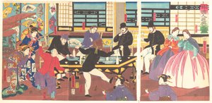 Buitenlanders die van een Feest Genieten, 1e maand, 1861 door Utagawa Yoshitora