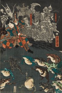 Nikushi de Kikkerspirit roept een magische strijd van kikkers op in Tateyama in de provincie Etchu, 1864 door Utagawa Yoshitora