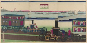 Afbeelding van Stoomlocomotieven die Reizen (Jokisha rikudo tsuko no zu) door Utagawa Yoshitora