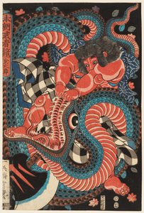 Kintarō worstelt met een slang door Utagawa Yoshituya