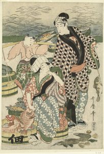 Gezicht op de vismarkt op het strand te Shiba door Utamaro (II) , Kitagawa