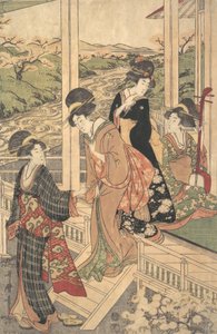 Groep vrouwen op de Engawa van een landhuis, in de tijd van de kersenbloesem, ca. 1806 door Utamaro II