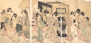 Dames rondom een kar door Utamaro II