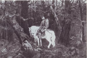 In overpeinzing (Ridder te paard rijdt het donkere bos in)