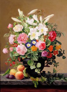 Stilleven met bloemen en fruit