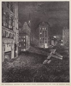Newspaper Row, New York City, op de avond van de Amerikaanse presidentsverkiezingen, 8 november 1892 door V. Perard
