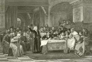 Columbus voor Isabella (gravure)