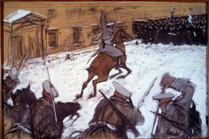 Rode Zondag (Bloedige Zondag) in Sint-Petersburg: Militaire repressie tijdens de demonstraties van 1905 in Sint-Petersburg. De cavalerie van Tsaar Nicolaas II valt de stakers aan die vreedzaam kwamen protesteren voor het Winterpaleis op 22/01/1905 door Valentin Aleksandrovich Serov