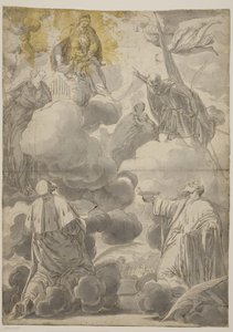 De Maagd en het Kind in de wolken omringd door engelen en de heiligen Cosmas en Damianus, Cecilia, Secondo en Marina door Valentin Lefèvre