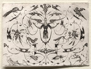 Arabesk met pauw, parkiet, honden en insecten, 1626