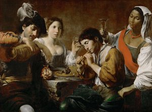 Ontmoeting in een Herberg Muzikant en Drinkers door Valentin de Boullogne
