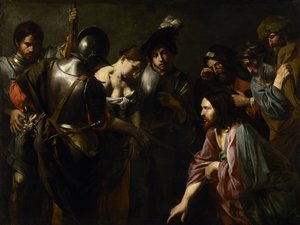 Christus en de overspelige vrouw door Valentin de Boulogne