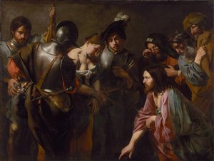 Christus en de overspelige vrouw door Valentin de Boulogne