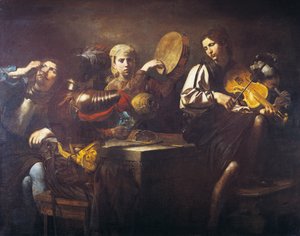 Muzikanten en soldaten, circa 1626, door Valentin de Boulogne (1591-1632) door Valentin de Boulogne