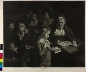 Vijf jongens bij een les met een oude vrouw