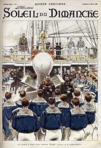 Het gebed van de matrozen aan boord van een Russische kruiser. Naar een aquarel van de heer Gribayedoff. Gravure in 