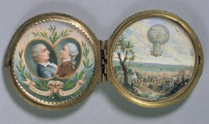 Portret Miniatuur van J.F. Pilatre en Pierre Romain met een Scène van hun Ballonvaart, 1784