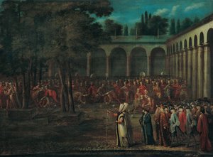 De ambassadeursdelegatie die door de tweede binnenplaats van het Topkapı-paleis trekt, 1720s door Vanmour