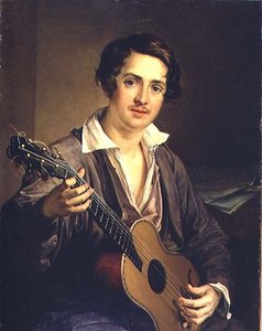 De Gitaarspeler: Portret van de Virtuoze Gitarist Vladimir Ivanovich Morkov (1803-64) 1839 door Vasili Andreevich Tropinin
