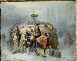De rij bij de fontein. In de winter wachten de stadsbewoners op hun beurt om hun emmer met drinkwater te vullen door Vasili Grigorevich Perov