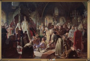 De oude gelovige priester Nikita Poustosviat debatteert met patriarch Joachim over het geloof in aanwezigheid van regentes Sophia Alexeievna Romanova door Vasili Grigorevich Perov