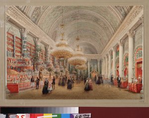 Liefdadigheidsbazaar in de banketzaal van het Joesoepov-paleis in Sint-Petersburg. Werk van Vasily Semyonovich Sadovnikov (1800-1879), Russische kunst door Vasili Semenovich Sadovnikov