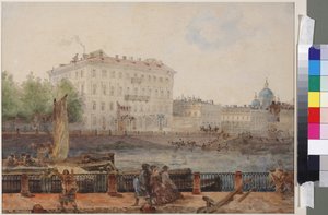 Huis van M.D. Tarasova aan de oever van de Fontanka, door Vasily Semyonovich Sadovnikov (1800-1879). Aquarel op papier door Vasili Semenovich Sadovnikov