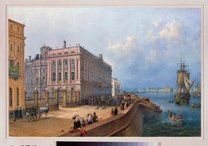 Uitzicht op de kade van de Neva en het marmeren paleis in Sint-Petersburg door Vasili Semenovich Sadovnikov
