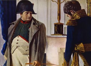 Napoleon Bonaparte en Jacques Lauriston (kleurenlitho) door Vasili Vasilievich Vereshchagin