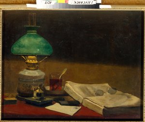 Stilleven: Boek, bureaulamp, bril en theekopje