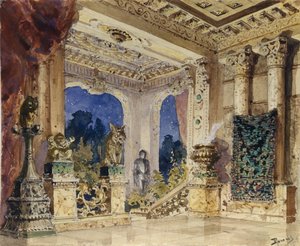 Toneelontwerp voor de opera De scharlaken Roos door N. Krotkov, 1884 door Vasilij Dmitrievich Polenov