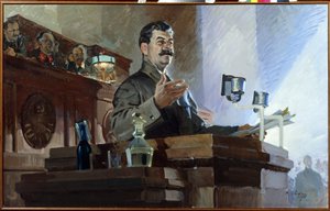 Joseph Stalin herdefinieert de Sovjet-grondwet tijdens het 8e buitengewone congres van de sovjets op 5 december 1936. Viatcheslav Molotov is zichtbaar op de achtergrond door Vasily Semyonovich Svarog