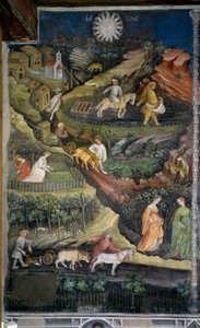 April: ploegen en zaaien van velden. Landbouwscène met ploeg, eg en landbouwgereedschap op het platteland door Venceslao Maestro