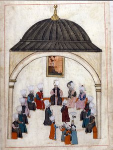 Bestuur onder het Ottomaanse Rijk: een hoorzitting voorgezeten door de Grootvizier. Miniatuur uit ""Turkse Herinneringen"" (codex Cicogna 1971 ""Memorie Turchesche""). Aquarel van de 17e-eeuwse Venetiaanse school. door Venetian School