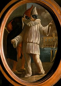 Pulcinella en Pantalone. 18e eeuw (olieverf) door Venetian School