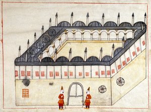 Uitzicht van buitenaf op een karavaan in Andrinopel (nu Edirne) in Turkije onder het Ottomaanse Rijk. Miniatuur uit Turkish Memorials (codex Cicogna 1971 Memorie Turchesche). Aquarel uit de 17e eeuwse Venetiaanse school