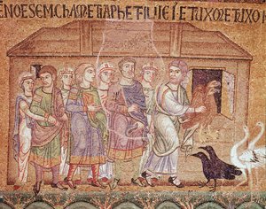 Het leven van Noach, Noach leidt zijn familie naar de ark (mozaïek detail) door Veneto Byzantine School