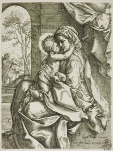 Madonna en kind met Sint Jozef door Ventura Salimbeni