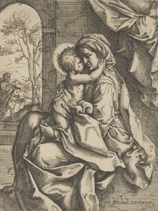 De Maagd zittend met het Christuskind op haar schoot die haar omhelst, Jozef gezien door..., ca. 1600-1613