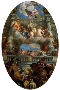 De triomf van Venetië, Personificatie van de stad Venetië met om haar heen de Vrede, de Overvloed, de Roem, het Geluk, de Eer, de Veiligheid en de Vrijheid. Schilderij van Paolo Caliari genaamd Paolo Veronese