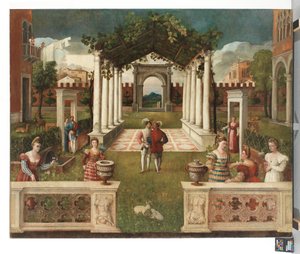 Een klassiek architectonische tuin met elegante figuren, een bergachtig landschap daarachter, c. 1530
