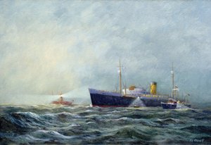 Een padvinder (tweepersoons motorboot), die een vliegtuig verlaat voor de vuurtorenboot bij Harwich (Engeland) door Vic Trevett