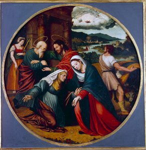 Visitatie. Ontmoeting tussen de Maagd Maria en Sint-Elizabeth. Op de achtergrond, Sint-Jozef en Zacharias