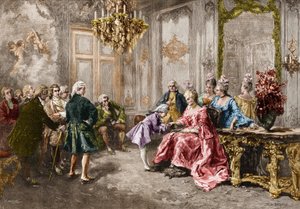 Wolfgang Amadeus Mozart (1756-1791) bij Madame de Pompadour (De familie Mozart tijdens de tournee door Europa) (1763-1766). Gravure naar het schilderij van M. V. de Paredes door Vicente de (after) Paredes